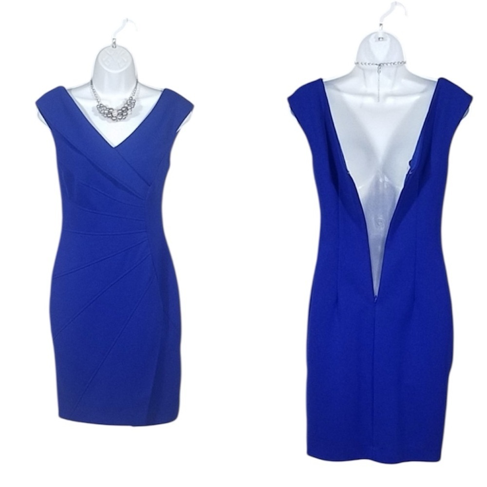 Maggy London Blue Sheath Dress Double V Neck Sleeveless Excellent Size 4 - Picture 4 of 9